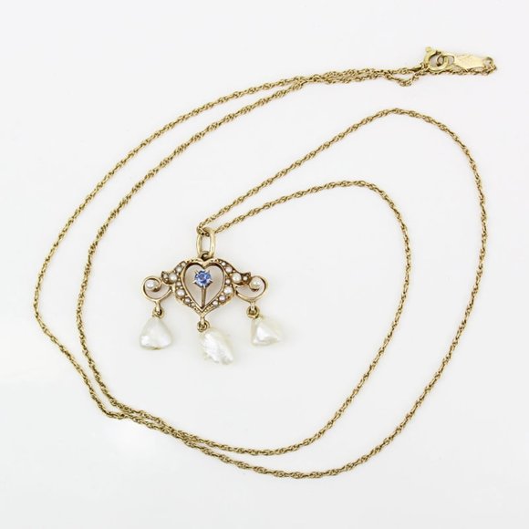 Antique Edwardian 14k Gold Sapphire + Pearl Heart Pendant Necklace (c.1900) - Picture 7 of 9